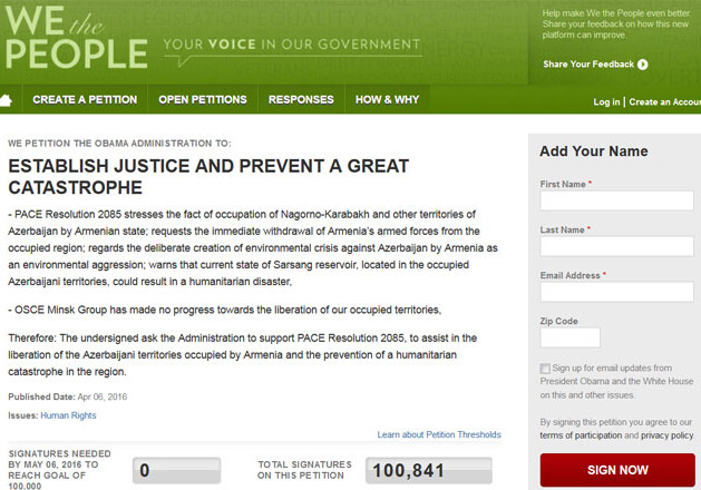 Петиция Азербайджана на сайте Белого дома набрала более 100 тыс. подписей 