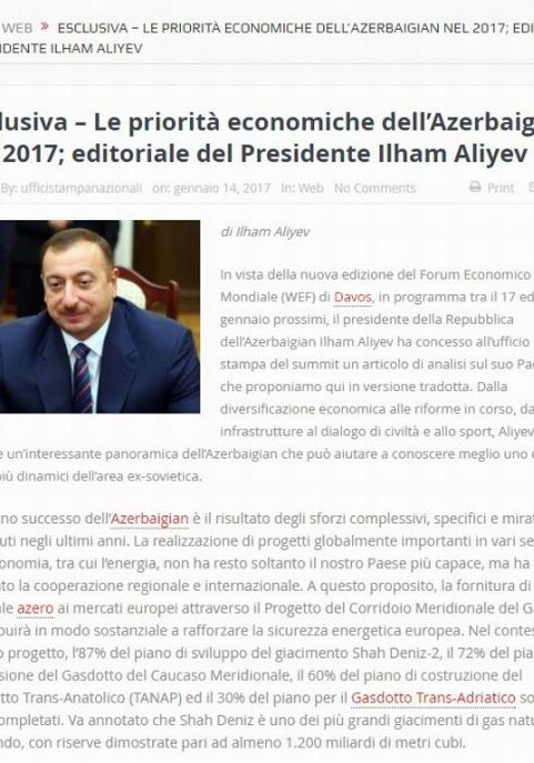 Статья Президента Азербайджана, представленная на сайте Давосского экономического форума в центре внимания итальянской прессы