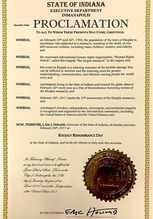26 февраля объявлен в штате Индиана «Днем памяти Ходжалы»
