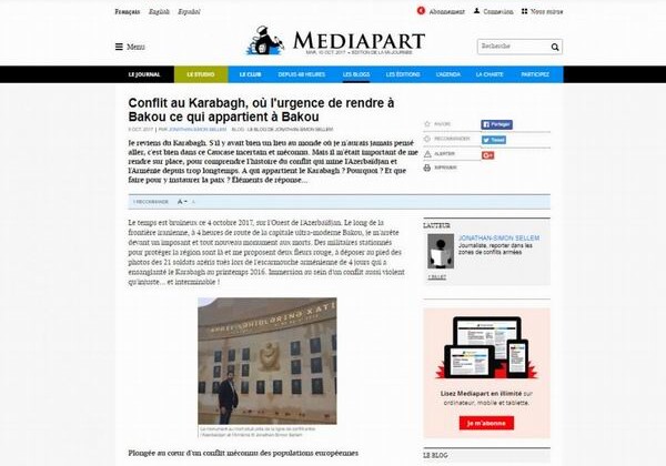 Французский журналист опубликовал статью об армяно-азербайджанском, нагорно-карабахском конфликте