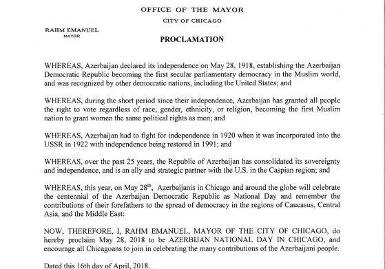 28 Мая объявлен в Чикаго Национальным днем Азербайджана