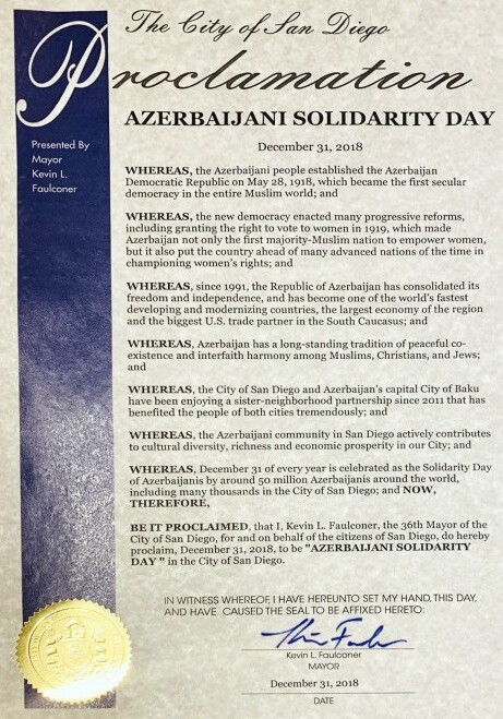 31 декабря объявлен в американском Сан-Диего Днем солидарности азербайджанцев