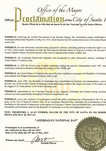 Штат Нью-Мексико объявил 28 мая Национальным днем Азербайджана