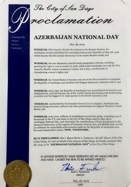 В Сан-Диего 28 мая объявлен Национальным днем Азербайджана