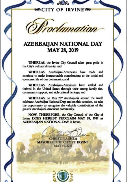 В американском городе Орвайн 28 мая объявлен Национальным днем Азербайджана