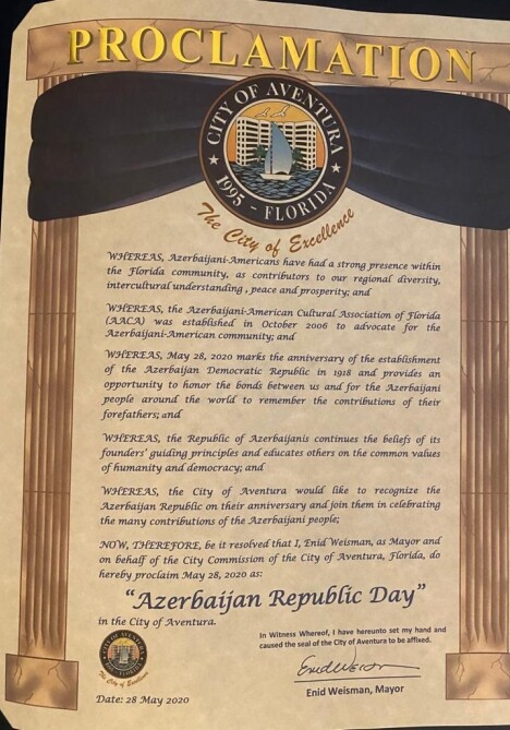 В американском городе Авентура 28 мая объявлен Днем Азербайджанской Республики