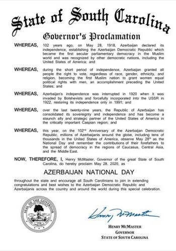 В Южной Каролине 28 мая объявлен Национальным днем Азербайджана