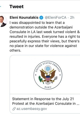 Вице-губернатор Калифорнии осудила зверства против азербайджанцев в Лос-Анджелесе (Фото)