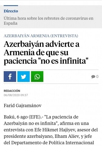 Азербайджан предупреждает Армению, что его терпение не безгранично – Испанская Lavanguardia