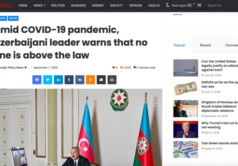Foreign Policy News: На фоне пандемии COVID-19 азербайджанский лидер предупреждает, что никто не может быть выше закона