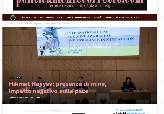 В итальянских СМИ опубликованы статьи о минной угрозе на освобожденных от оккупации территориях Азербайджана