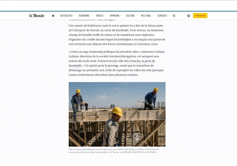 «Le Monde»: Ведущие французские компании опасаются, что не примут участие в осуществляемых в Карабахе крупных проектах