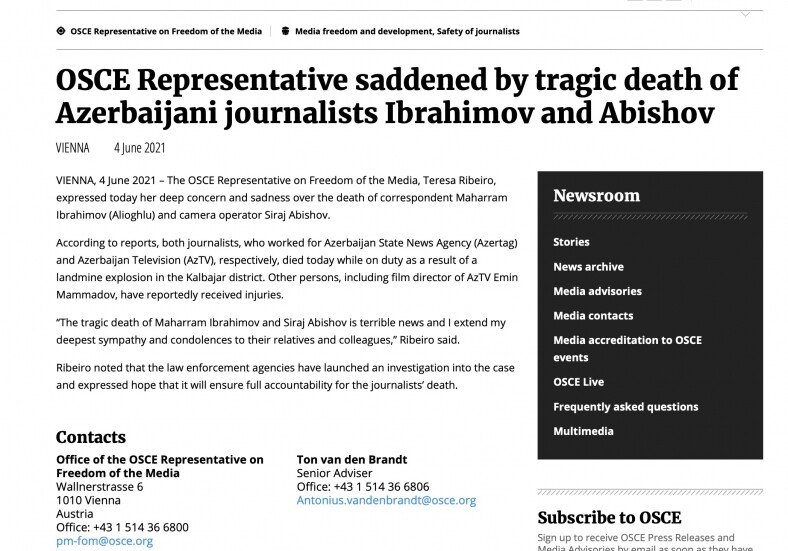 Спецпред ОБСЕ по вопросам свободы медиа выразил соболезнования в связи с гибелью азербайджанских журналистов