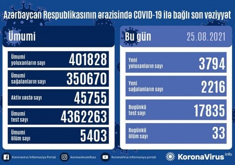 COVID-19 в Азербайджане: за сутки еще 3 794 человека заразились, 33 умерли