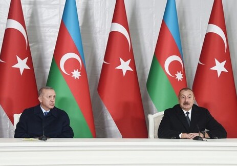  Ильхам Алиев и Реджеп Тайип Эрдоган проводят совместную пресс-конференцию в Зангилане (Фото)