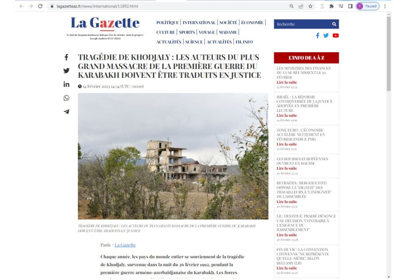 La Gazette: Виновные в Ходжалинском геноциде должны быть привлечены к ответственности